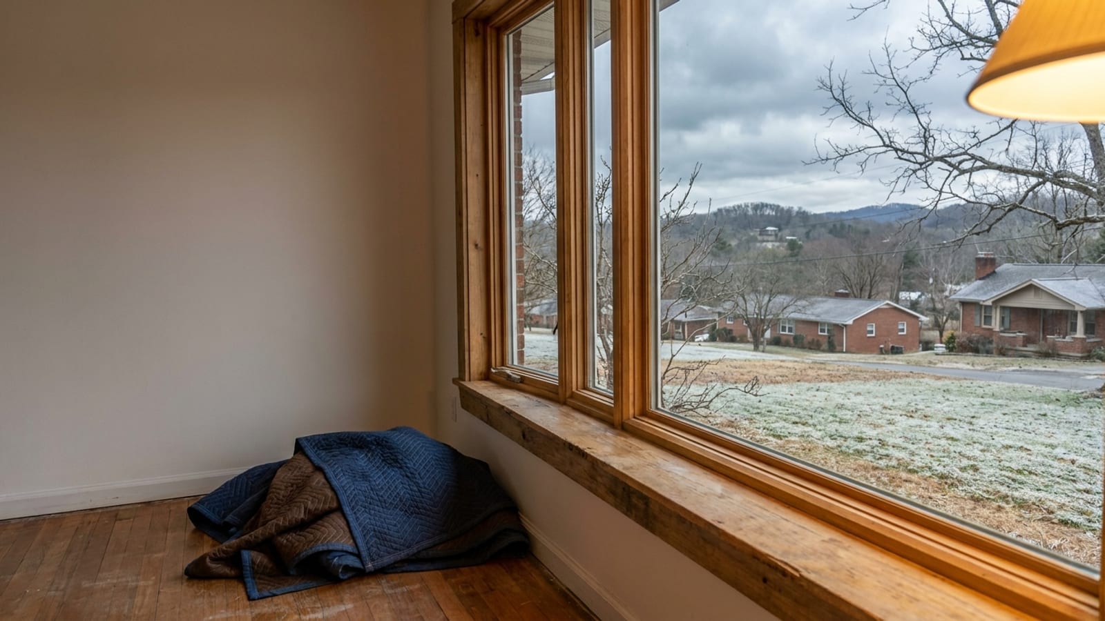 Interior view through a newly installed window on a cold gray winter day with frost on the lawn and a folded moving blanket on the floor