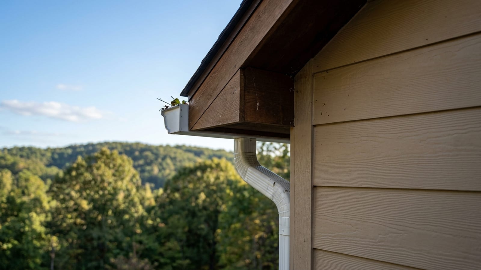 New lap siding meeting a white gutter and downspout under the eave of a house